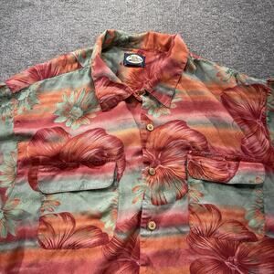 VTG Tommy Bahama Hawaiian Shirt L Rayon Orange Green Hibiscus Floral Camp Aloha